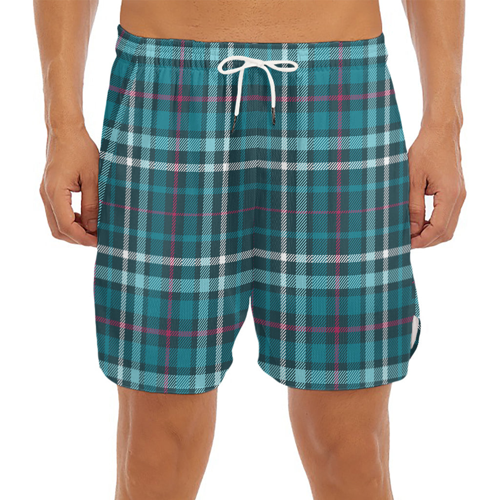 Teal Plaid Pattern Print Men's Split Running Shorts