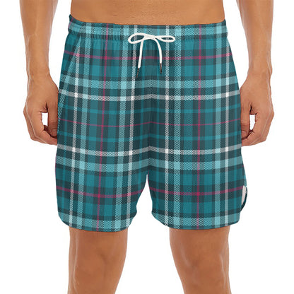 Teal Plaid Pattern Print Men's Split Running Shorts