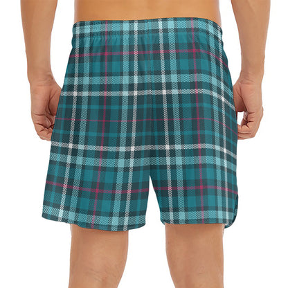 Teal Plaid Pattern Print Men's Split Running Shorts