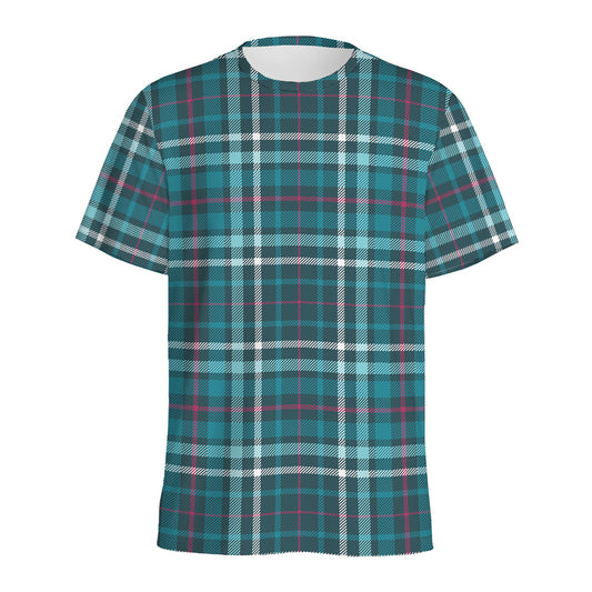 Teal Plaid Pattern Print Men's Sports T-Shirt
