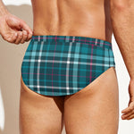 Teal Plaid Pattern Print Men's Swim Briefs