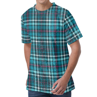 Teal Plaid Pattern Print Men's Velvet T-Shirt