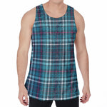 Teal Plaid Pattern Print Men's Velvet Tank Top