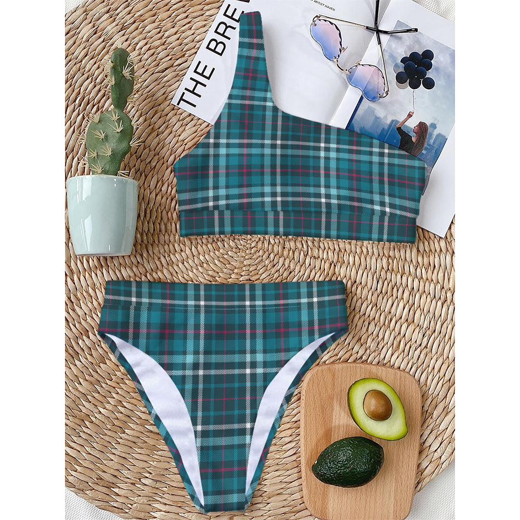Teal Plaid Pattern Print One Shoulder Bikini Top
