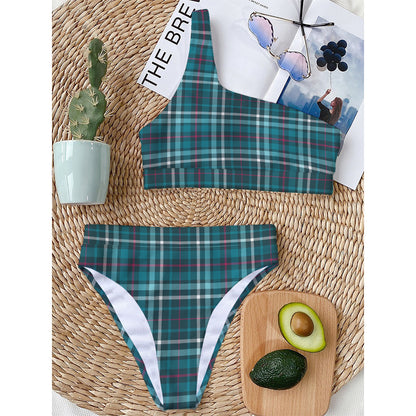 Teal Plaid Pattern Print One Shoulder Bikini Top