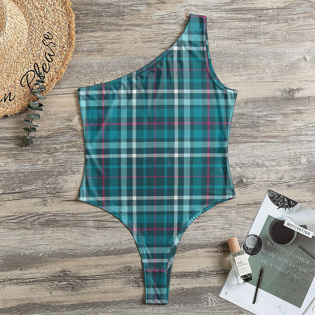Teal Plaid Pattern Print One Shoulder Bodysuit