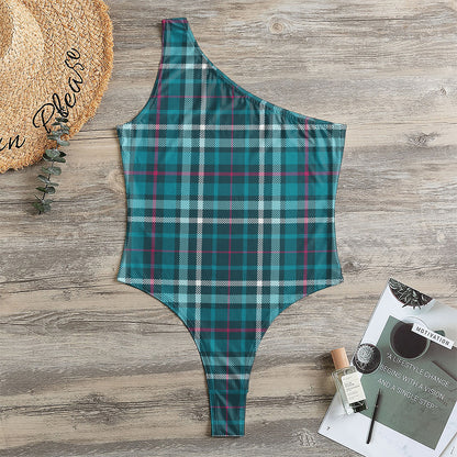 Teal Plaid Pattern Print One Shoulder Bodysuit