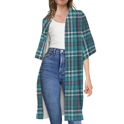 Teal Plaid Pattern Print Open Front Beach Cover Up