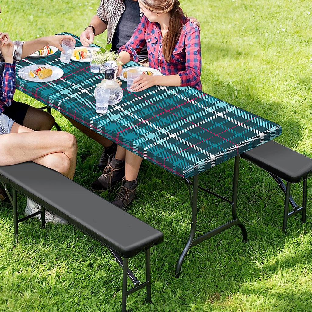 Teal Plaid Pattern Print Picnic Table Cover