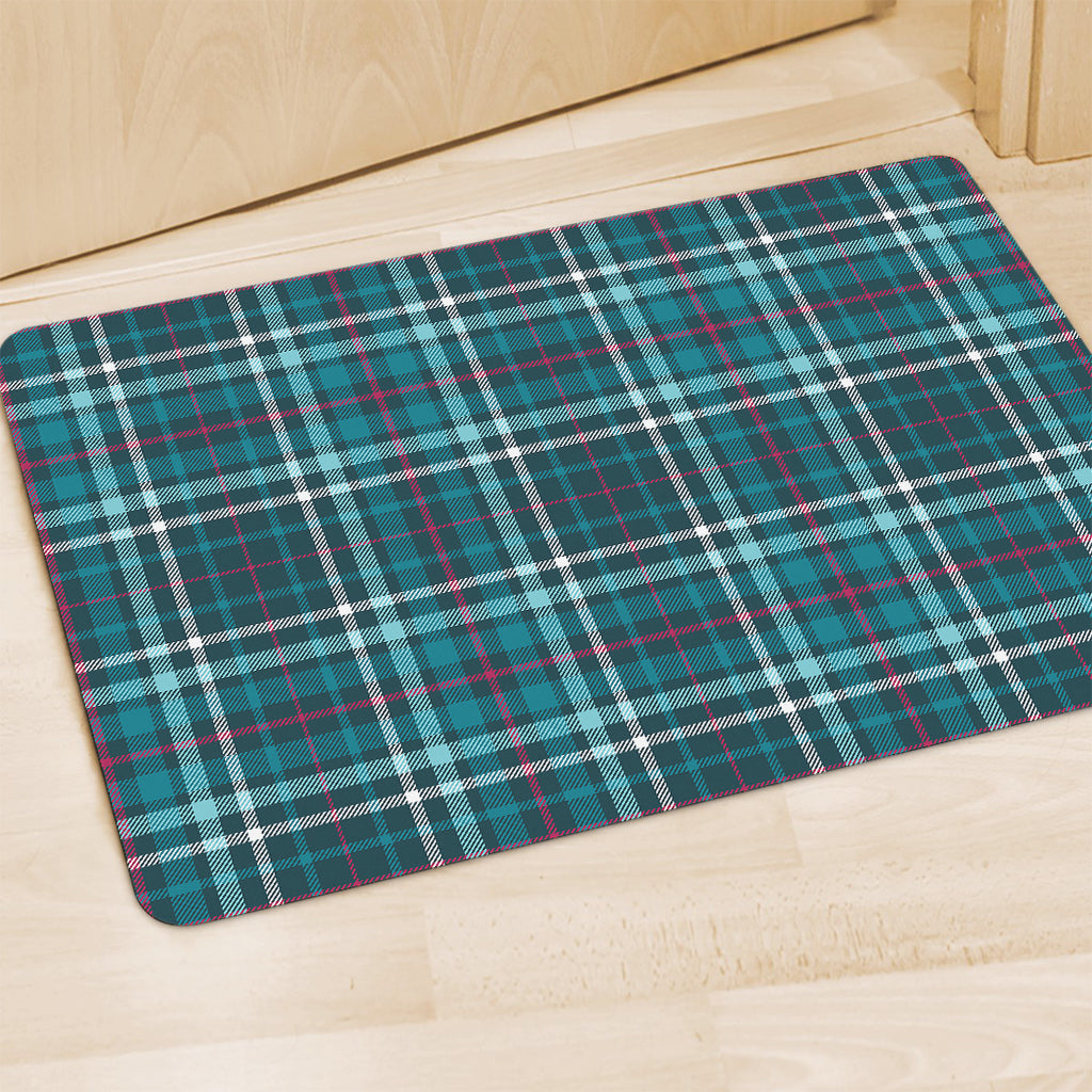Teal Plaid Pattern Print Polyester Doormat