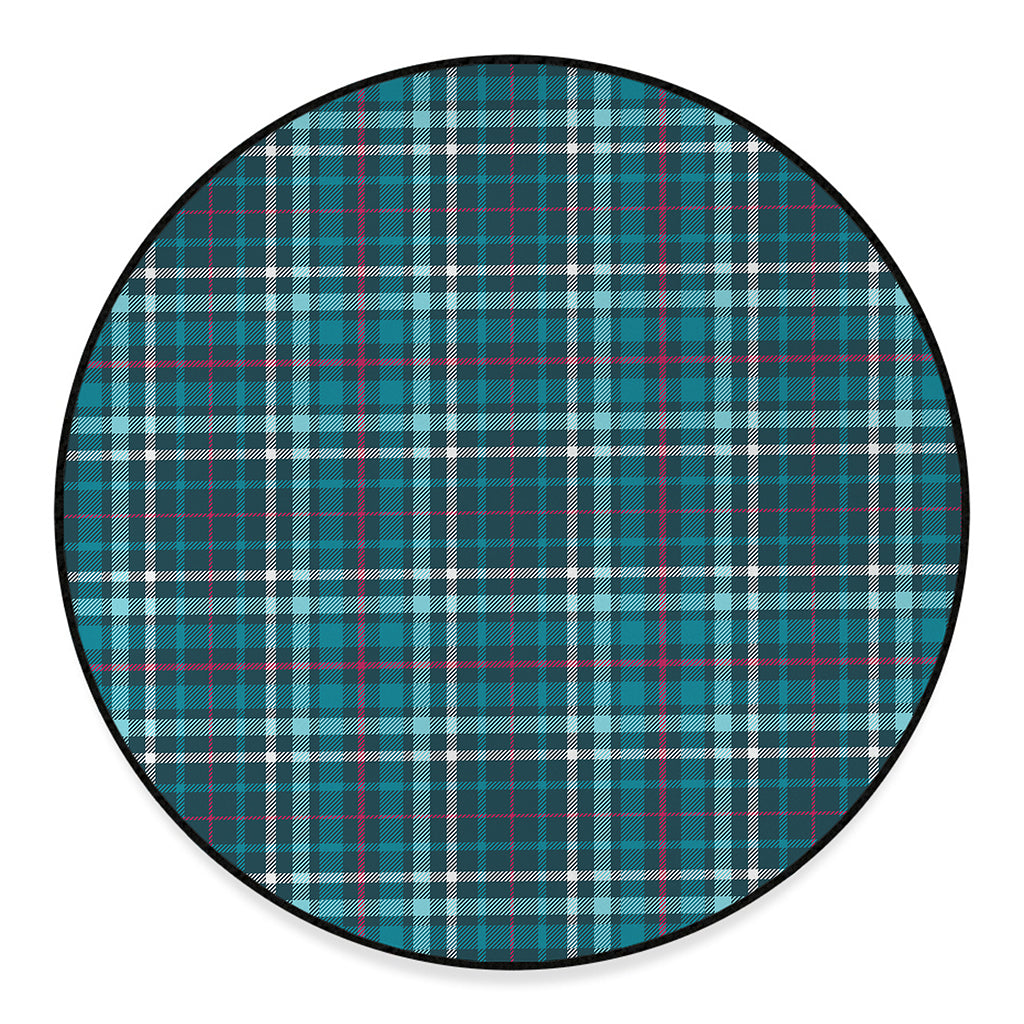 Teal Plaid Pattern Print Round Floor Mat