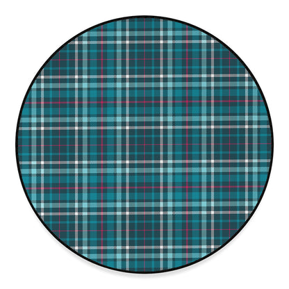 Teal Plaid Pattern Print Round Floor Mat