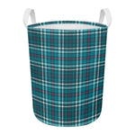 Teal Plaid Pattern Print Round Laundry Basket