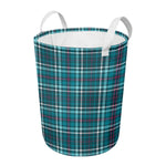 Teal Plaid Pattern Print Round Laundry Basket