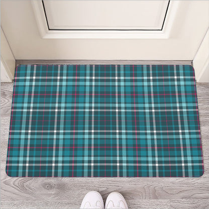 Teal Plaid Pattern Print Rubber Doormat