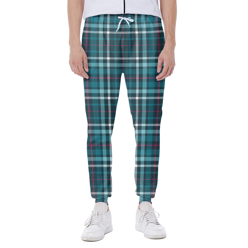 Teal Plaid Pattern Print Scuba Joggers