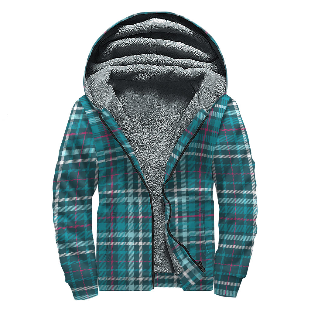 Teal Plaid Pattern Print Sherpa Lined Zip Up Hoodie
