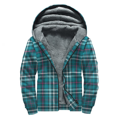 Teal Plaid Pattern Print Sherpa Lined Zip Up Hoodie
