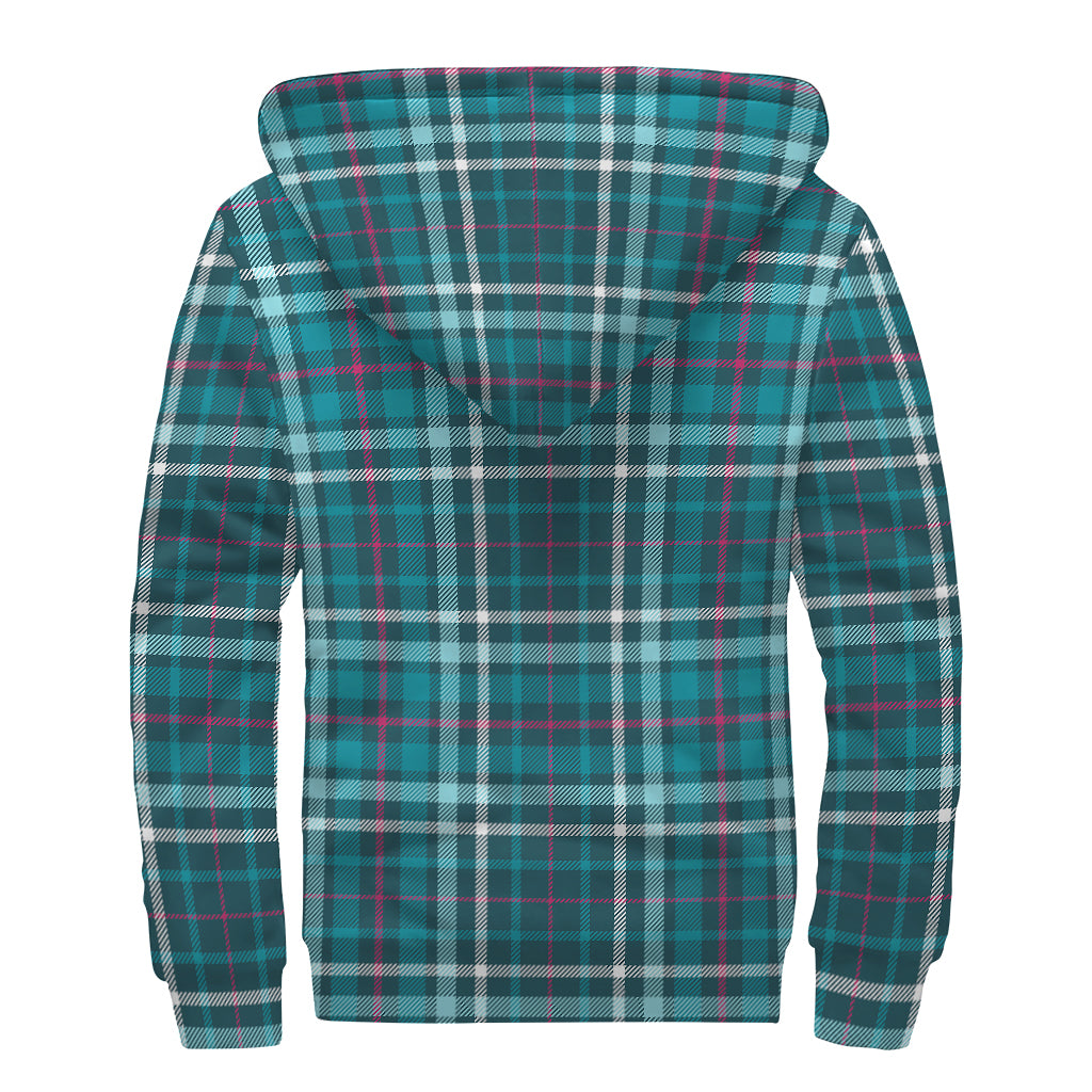 Teal Plaid Pattern Print Sherpa Lined Zip Up Hoodie