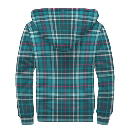 Teal Plaid Pattern Print Sherpa Lined Zip Up Hoodie