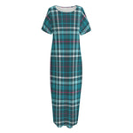 Teal Plaid Pattern Print Short Sleeve Long Nightdress