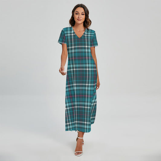 Teal Plaid Pattern Print Short Sleeve Maxi Dress