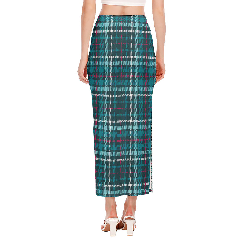 Teal Plaid Pattern Print Side Slit Maxi Skirt