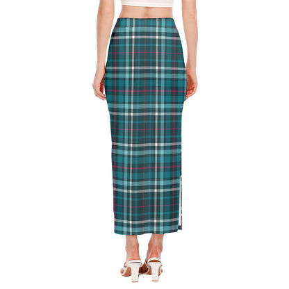 Teal Plaid Pattern Print Side Slit Maxi Skirt