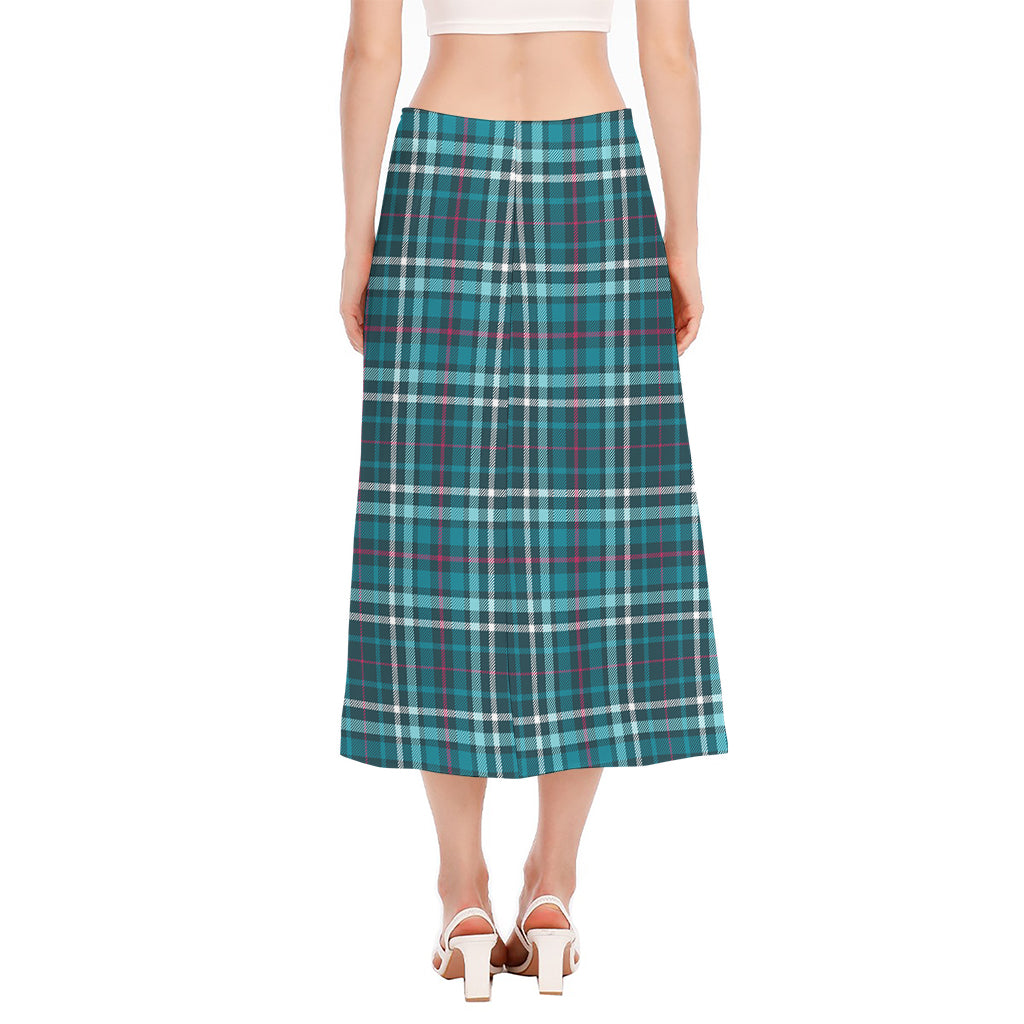Teal Plaid Pattern Print Side Slit Midi Skirt