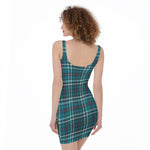Teal Plaid Pattern Print Sleeveless Bodycon Dress