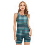 Teal Plaid Pattern Print Sleeveless One Piece Swimsuit