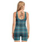 Teal Plaid Pattern Print Sleeveless One Piece Swimsuit