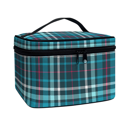 Teal Plaid Pattern Print Travel Makeup Bag