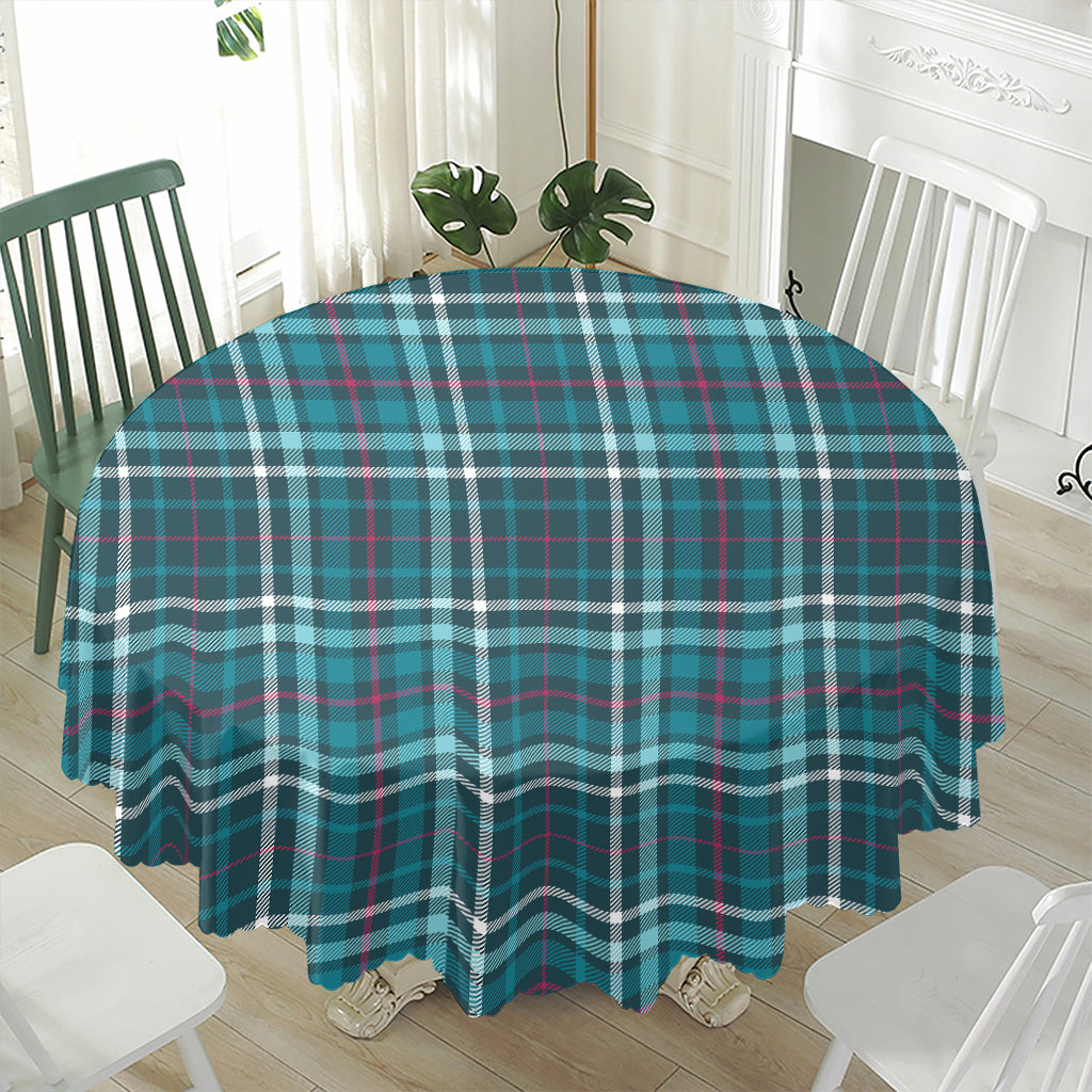 Teal Plaid Pattern Print Waterproof Round Tablecloth