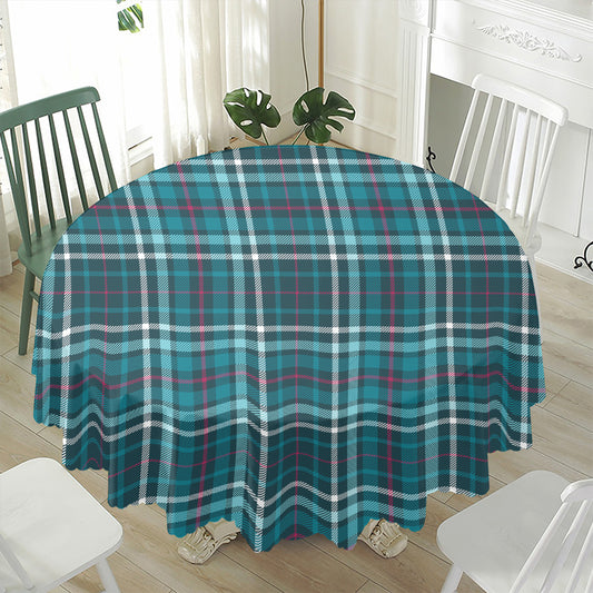 Teal Plaid Pattern Print Waterproof Round Tablecloth