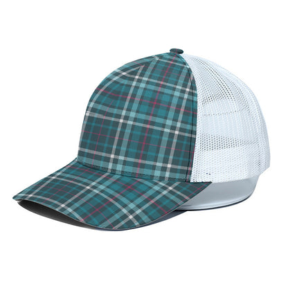 Teal Plaid Pattern Print White Mesh Trucker Cap