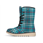 Teal Plaid Pattern Print Winter Boots