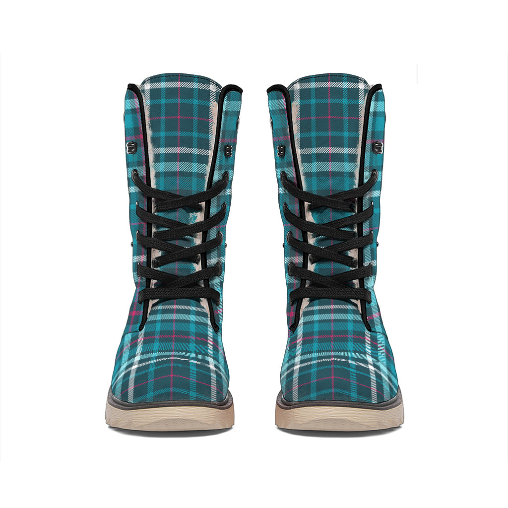 Teal Plaid Pattern Print Winter Boots