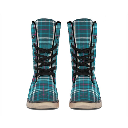 Teal Plaid Pattern Print Winter Boots