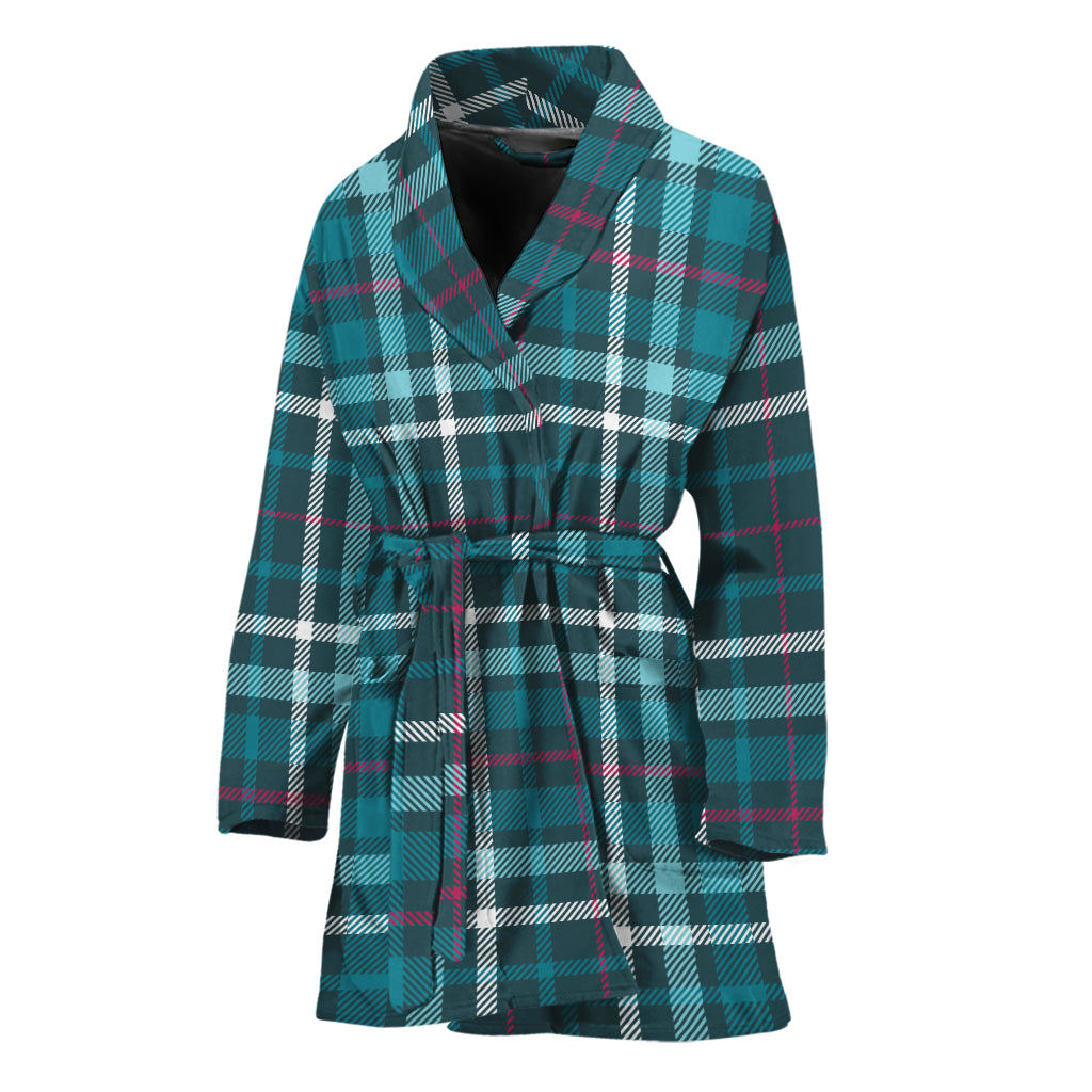 Teal Plaid Pattern Print Women's Bathrobe