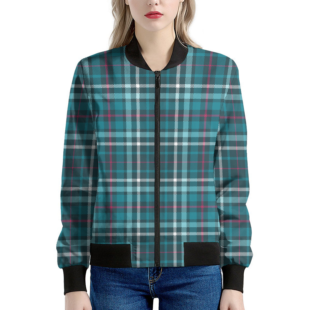 Teal Plaid Pattern Print Women's Bomber Jacket