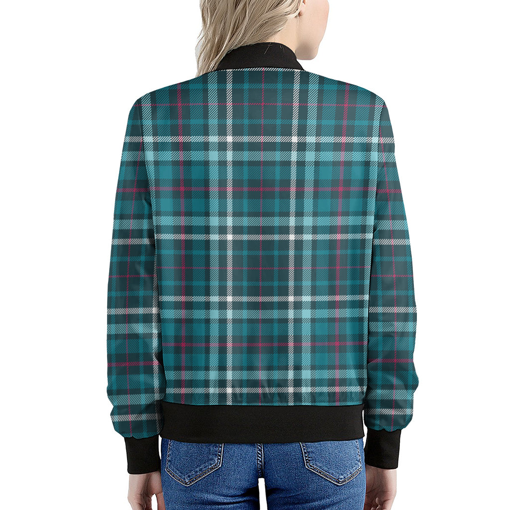 Teal Plaid Pattern Print Women's Bomber Jacket