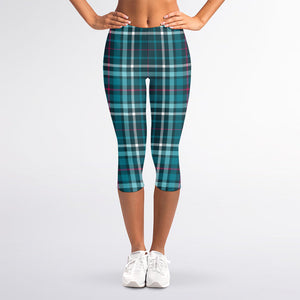 Teal Plaid Pattern Print Women's Capri Leggings