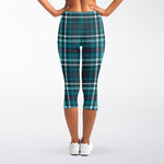 Teal Plaid Pattern Print Women's Capri Leggings