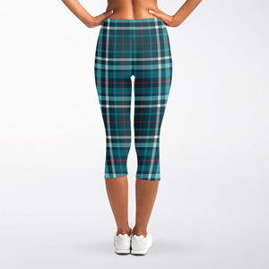 Teal Plaid Pattern Print Women's Capri Leggings