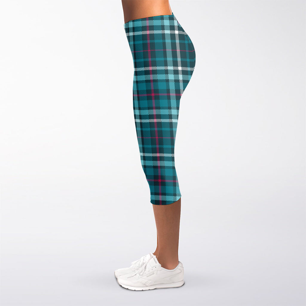 Teal Plaid Pattern Print Women's Capri Leggings