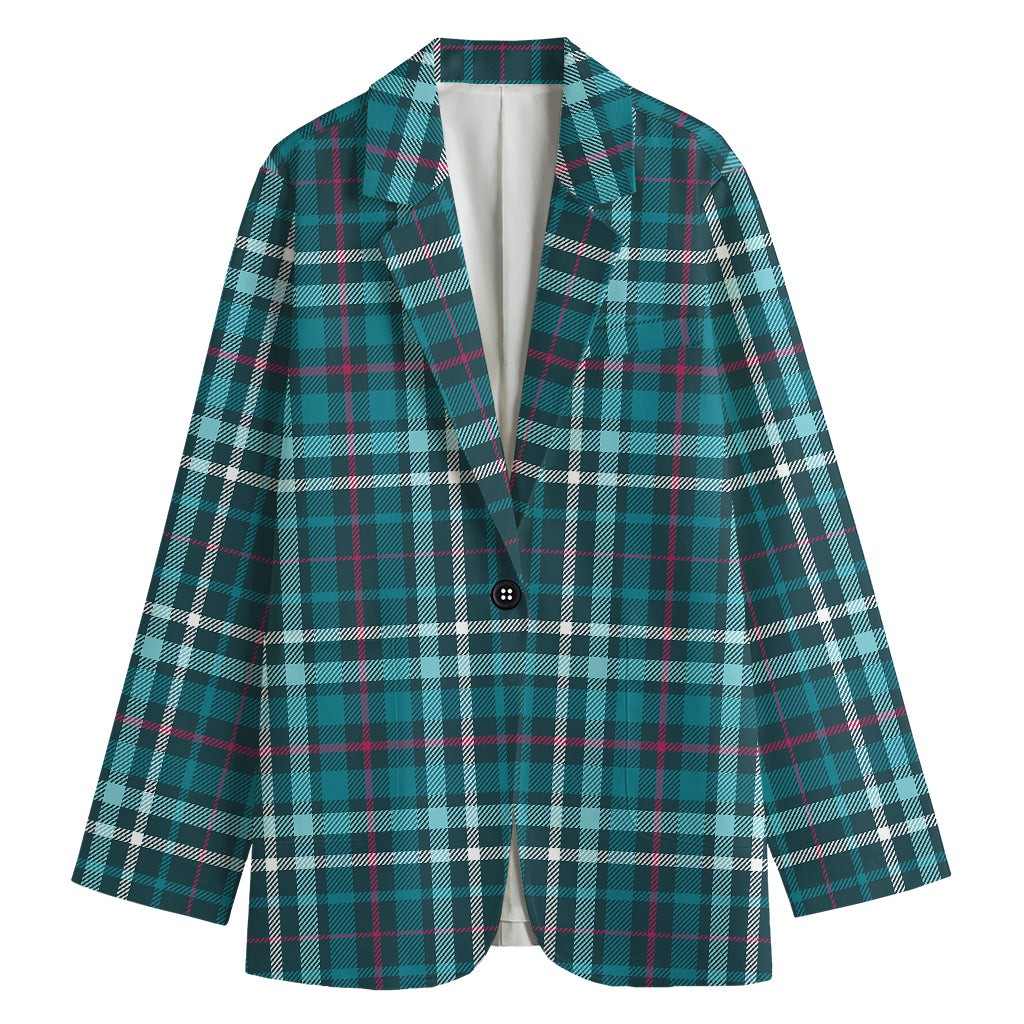 Teal Plaid Pattern Print Women's Cotton Blazer
