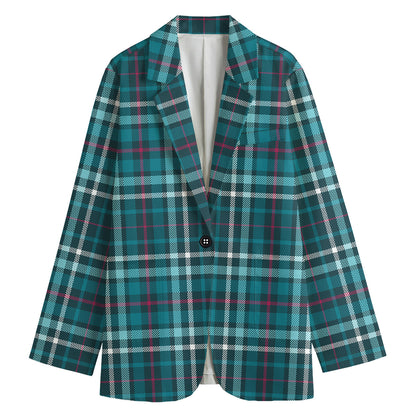 Teal Plaid Pattern Print Women's Cotton Blazer