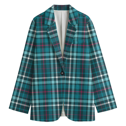 Teal Plaid Pattern Print Women's Cotton Blazer