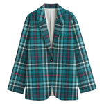 Teal Plaid Pattern Print Women's Cotton Blazer